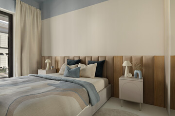 Contemporary bedroom with upholstered headboard, layered bedding and soft natural light.