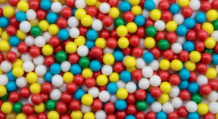 Colorful Candy Chaos Sweet spherical sprinkles in red with yellow, blue, and and green.