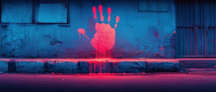 Urban street wall mural with dripping paint handprint in vibrant neon colors
