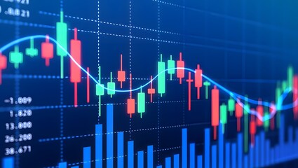 Financial stock market candlestick chart with blue grid background