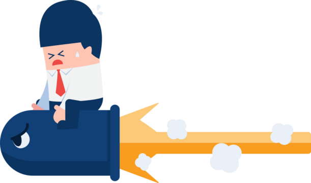 Stressed Businessman Riding Blue Bullet with Orange Flames on Transparent Background