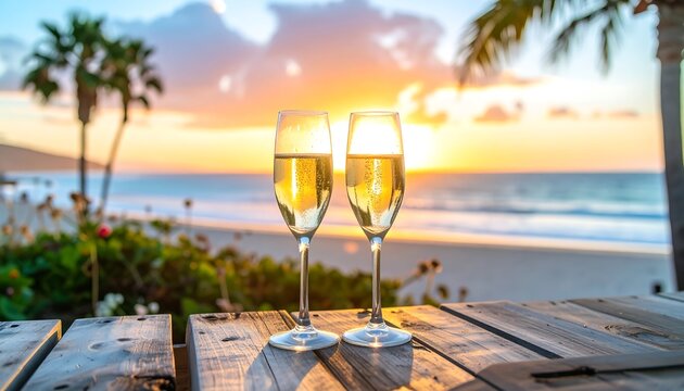 Two champagne glasses on wooden table, beach sunset, palm trees, and warm light - Powered by Adobe