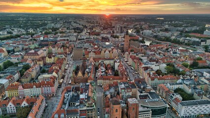 Golden Hour Aerial Panorama of Wrocław Old Town with Market Square, Historic Tenement Houses and Gothic Architecture in the Heart of Poland