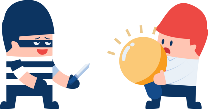 Thief Stealing Idea Bulb from Scared Businessman on Transparent Background Bandit Holding Knife and Wearing Mask Stripes Illustration