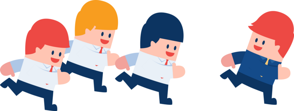 Pixel Art Style Group of Businessmen Running Behind Leader Figure on Transparent Background Motivated Teamwork Concept