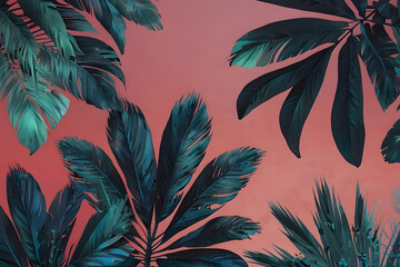Vibrant tropical leaves against a warm coral background