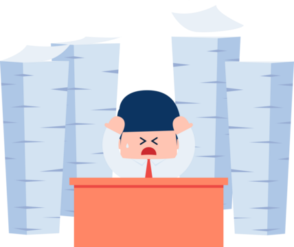 Overwhelmed Businessman at Desk with Stacks of Paper in White Background