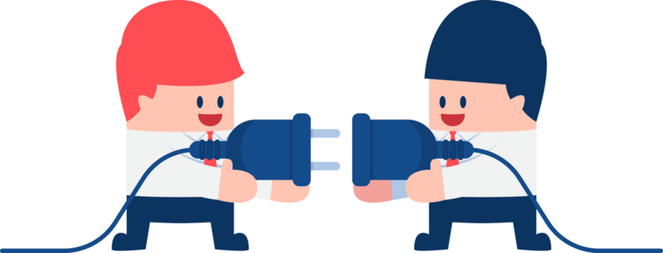 Two Pixelated Businessmen Connecting a Blue Electrical Plug on a Transparent Background in a Partnership Business Solution Concept - Powered by Adobe