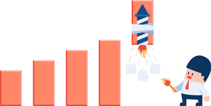 Pixelated Businessman Ignites Rocket Fireworks to Boost Peach Profit Graph on Transparent Background Conceptual Illustration for Growth - Powered by Adobe