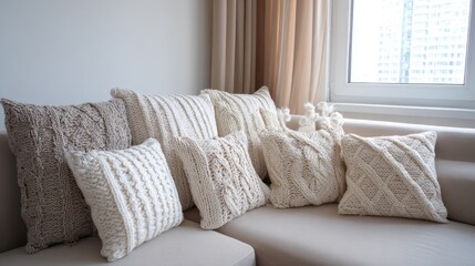 Cozy Soft Knitted Cushions on a Modern Sofa in Bright Living Room with Natural Light