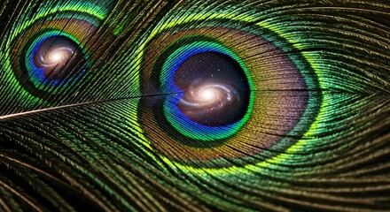 Obraz premium A close-up view of a peacock feather, but the eyespots are made of swirling galaxies and nebulae.