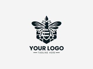 Detailed honey bee vector logo with transparent wings and honeycomb pattern for apiary business branding