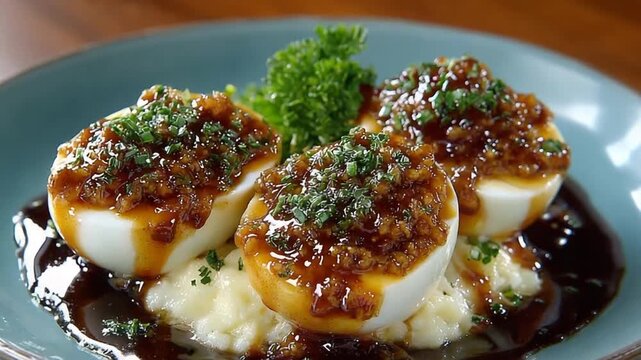 Gourmet Deviled Eggs with Crispy Topping and Fresh Parsley Close-up Delicious Food