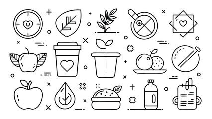 A collection of health and wellness icons, including symbols for fitness, nutrition, and mental well-being..eps