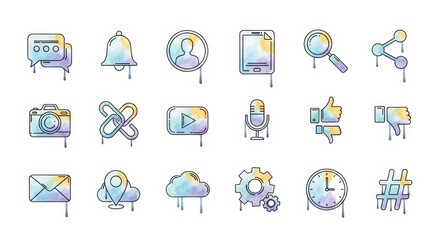 Social Media Icon Set - A set of watercolor- icons related to social media and communication