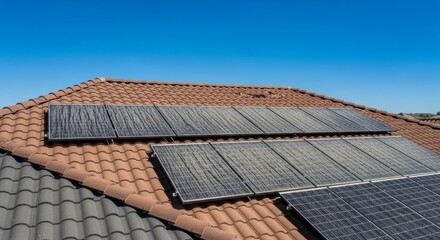 Solar Panels On Roof Top - A view of solar panels installed on a residential roof, under a clear blue sky