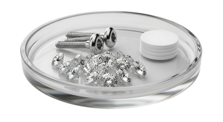 Diamonds and Screws in Petri Dish on Black Background