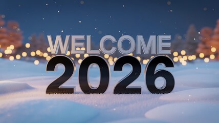 Welcome 2026 illuminated by festive string lights in a snowy winter wonderland with falling snowflakes