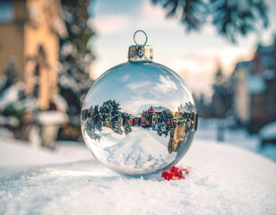 Festive Silver Christmas Ornament on Snow Reflecting Church Steeple, Creating Winter Magic