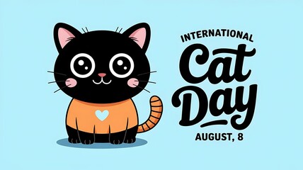 Cute cartoon black cat wearing an orange sweater celebrating international cat day on august 8th with playful typography