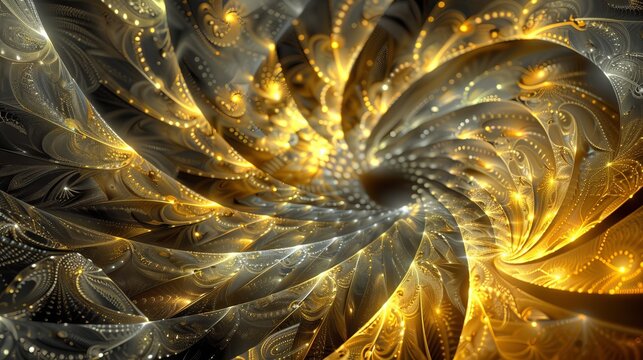 Luminous fractal spiral fireworks  a dreamy cosmic celebration with golden and silver particles