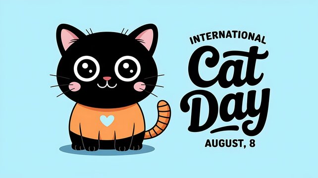 Cute cartoon black cat wearing an orange sweater celebrating international cat day on august 8th with playful typography