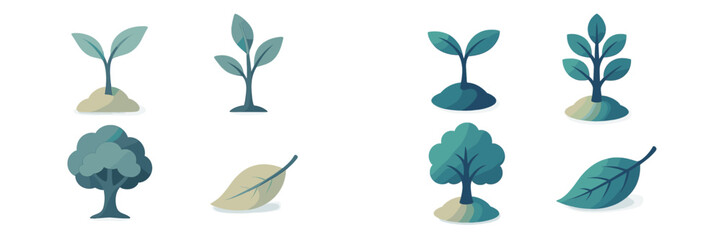 Various green plants and trees illustrated in simple design presenting different stages of growth and different leaf shapes