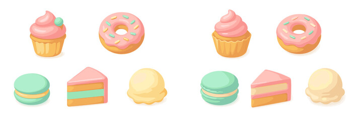 Colorful sweet treats display with various desserts including cupcakes, donuts, and macarons on a white background