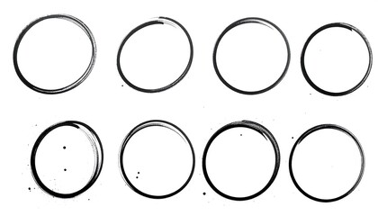 Isolated image showcasing eight black imperfectly drawn circles of varying sizes and line thickness on a white background
