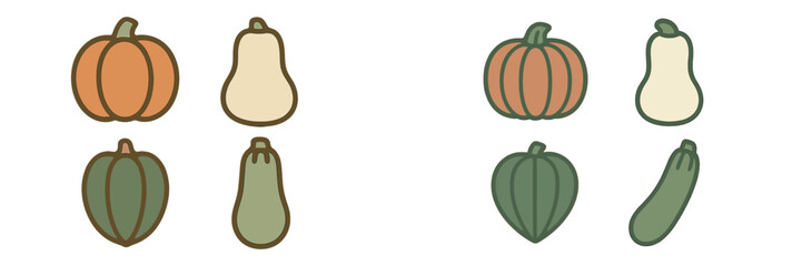 Colorful collection of hand-drawn squash and pumpkins set against a simple background in autumn tones