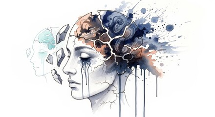 The Mind In Pieces Illustration - An illustration of a person with a cracked head, symbolizing emotional turmoil, mental fragmentation, and inner conflict.