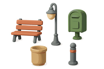 Brightly colored park elements including a bench, lamp post, mailbox, flower pot, and decorative post in a city setting