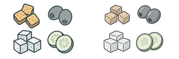 Assorted snacks featuring olives, tofu, and cucumber slices displayed on a clean surface