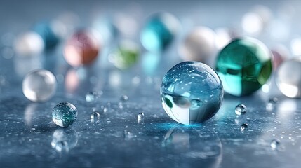 Colorful Sphere Variety on a Reflective Blue Surface Close Up