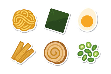 Delicious ingredients for a classic ramen dish featuring noodles, nori, egg, and toppings in a minimalist style