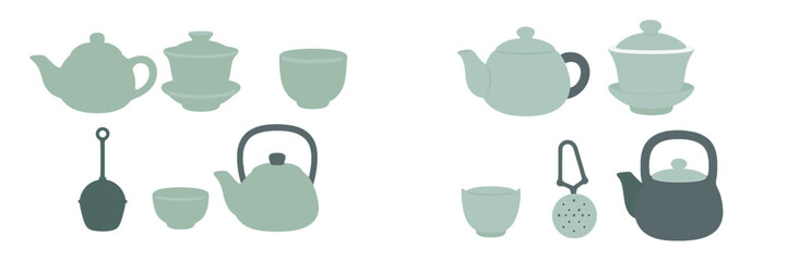 Assorted tea sets with teapots, cups, and accessories designed in soft colors for a calming tea experience