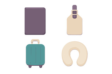 Travel essentials including suitcase, passport holder, luggage tag, and neck pillow for comfortable journeys