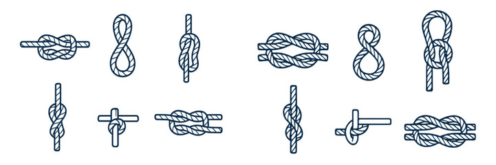 Collection of various knot designs and styles for crafting, sailing, and outdoor activities featuring practical knots and decorative loops