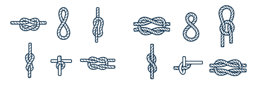 Collection of various knot designs and styles for crafting, sailing, and outdoor activities featuring practical knots and decorative loops
