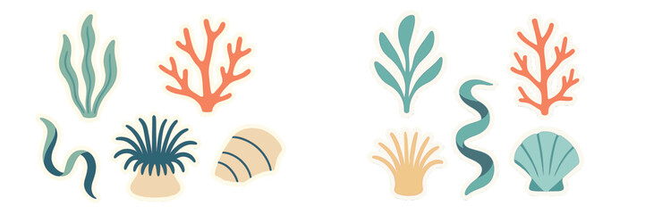 Colorful sea life and coral designs on a white background showcasing marine biodiversity