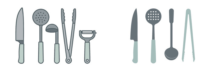 Variety of kitchen utensils and tools organized neatly for cooking and food preparation at a home kitchen