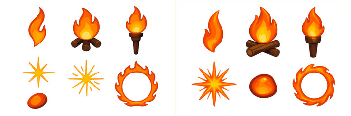 Flames, torches, and fire symbols displayed in a vibrant array on a clean background