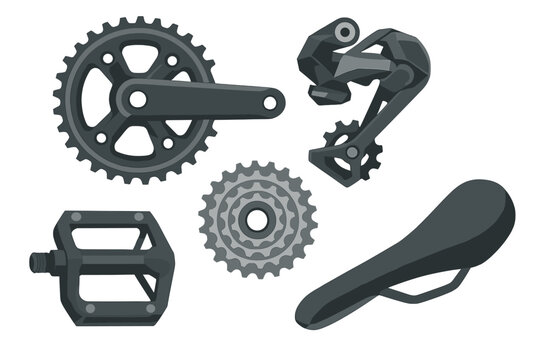 Bicycle components display showcasing crankset, derailleur, sprockets, pedals, and saddle for cycling enthusiasts