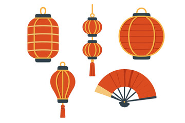 Red lanterns and a fan create a festive atmosphere for a cultural celebration