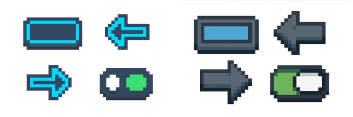 Obraz premium Colorful pixel art buttons featuring arrows and toggles in a simple digital design layout