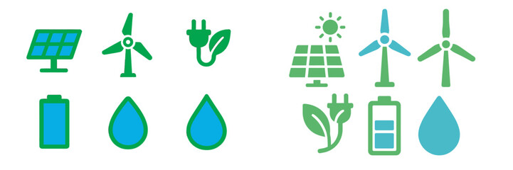Icons representing renewable energy sources and sustainability concepts for eco-friendly lifestyle choices