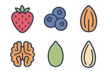 Colorful illustrations of healthy food items and brain icons representing nutrition and brain health