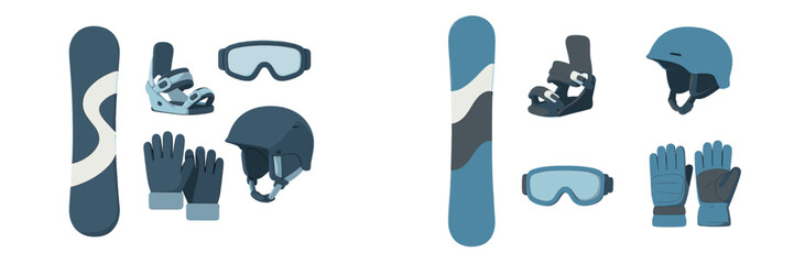 Snowboard gear arranged neatly on a white background for winter sports enthusiasts and beginners