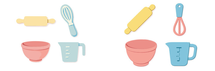 Colorful kitchen utensils and baking tools arranged on a light background for creative cooking and baking fun