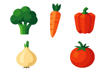 Fresh vegetables featuring broccoli, carrot, red bell pepper, onion, and tomato on a white background
